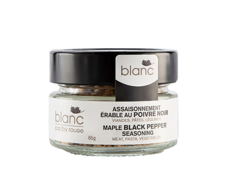 Produit du Quebec Assaisonnement à l'érable et poivre noir blanc par rouGe pot de 65g
