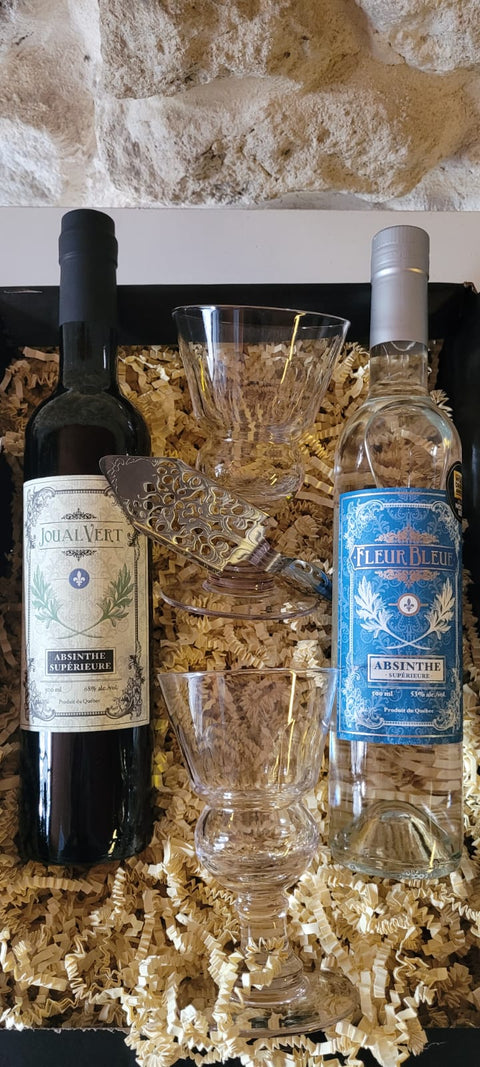 coffret cadeau 2 bouteilles d'absinthe et 2 verres et 1 cuillère à absinthe