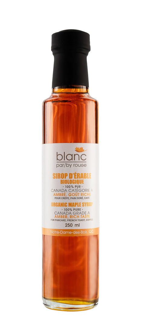 Produit du Québec Sirop d'érable biologique ambré gout riche blanc par rouGe