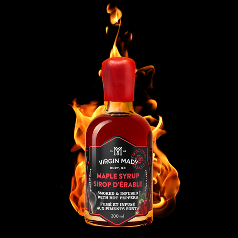 Produit du Québec sirop d'érable fumé et infusé aux piments forts de Virgin Mady